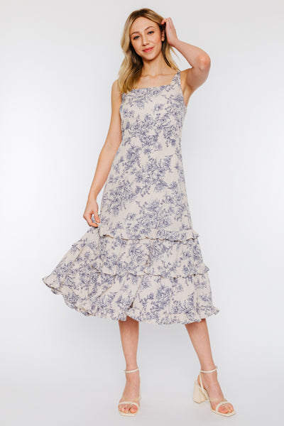 MILLY SQUARE NECK TIERED MIDI  DRESS